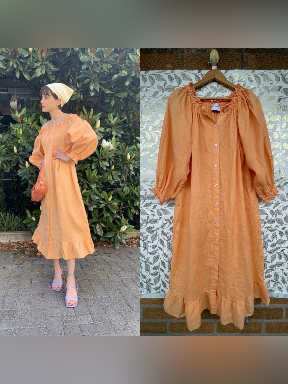 Sleeper Off Shoulder Button Down Linen Dress Coral Size 1 Quiet Luxury Boho